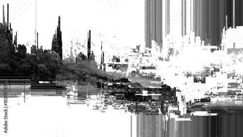 Abstract blackandwhite city skyline illustration featuring glitch art elements and textures