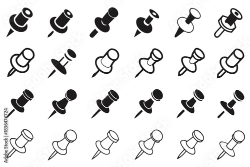 Collection of Black and White Push Pin Icons Perfect for Office Supplies Stationary Design Projects