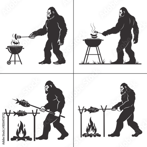 bigfoot bbq grill cartoon set sasquatch cooking fish over fire t shirt design