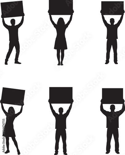 Group of people holding blank signs silhouettes against white background