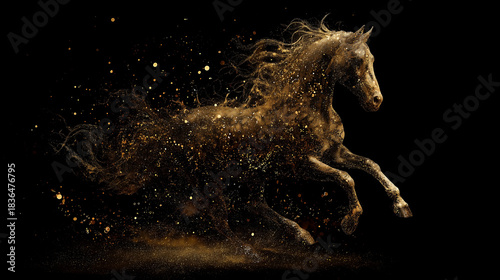 暗闇の中で黄金の粒子となって疾走する幻想的な馬のデジタルアート generative ai