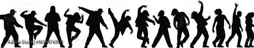 Diverse group of people in silhouette dancing and posing against white background