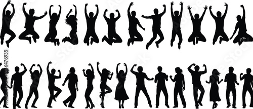 Diverse group of black silhouettes of men and women jumping and dancing against a white background