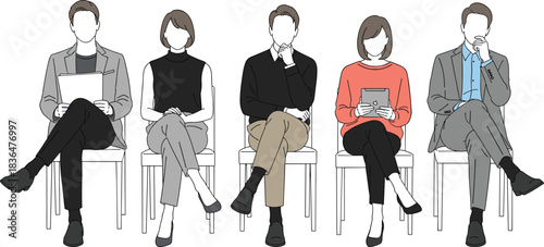 Five people sitting on chairs with legs crossed holding documents and tablet waiting