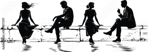 Bench silhouette, seated figures, emotional posture, conversation moment, black icon, reflection scene, gesture pose, vector style, narrative group
