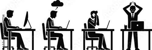 Four businessmen in silhouette at desks with computers and phones depicting work activities