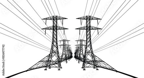High-voltage transmission towers and power lines forming a dramatic perspective silhouette, showcasing modern electricity infrastructure, industrial 