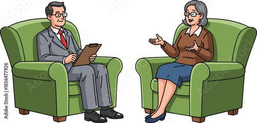 Man in suit with clipboard talking to woman in brown sweater and blue skirt in green armchairs
