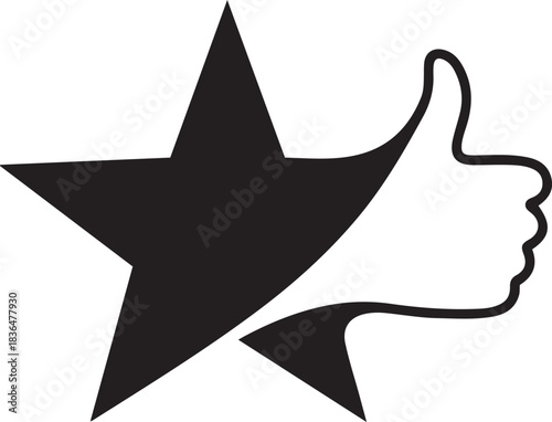 Black five pointed star shape integrated with a white thumbs up hand gesture symbol vector