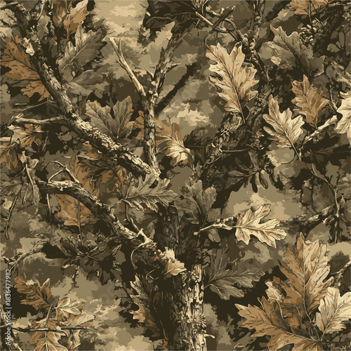 Camouflage seamless pattern. Forest real tree camouflage design. Hunting camouflage.
