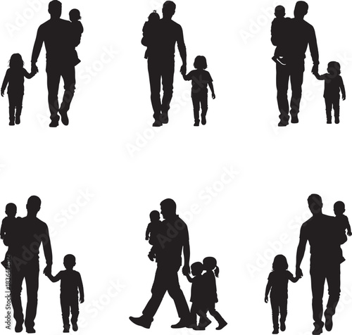 Silhouettes of fathers and children walking together in a repeating pattern