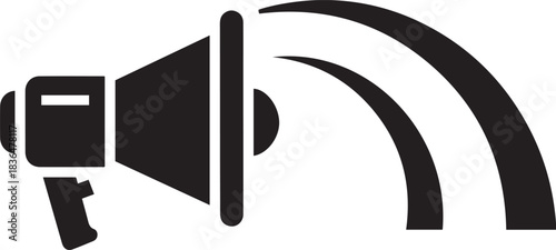 Black megaphone icon with sound waves emanating outwards on a white background loudspeaker bullhorn