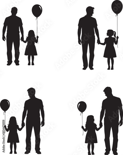 Silhouettes of fathers and daughters walking together with balloons