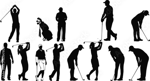 Golf silhouette collection, swing pose reference, athletic motion study, club stance artwork, sports figure technique, training posture visual set