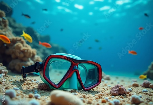 A diving mask on the seabed against the backdrop of reefs and fish