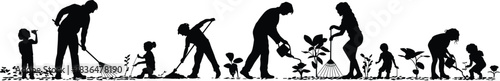 Gardening silhouette, family teamwork, planting activity, children and adults, environmental care, black icon, outdoor scene, vector style, soil work