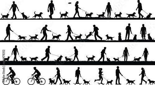 Silhouettes of people walking dogs cycling and skateboarding on grass leash