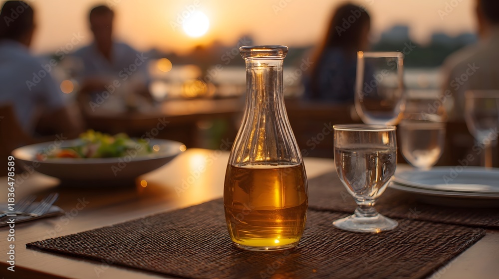Obraz premium A table setting with a bottle of dressing and glasses at sunset with a blurred family dining in the background