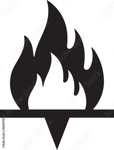 Black stylized flame icon on a white background with a horizontal line and downward pointing triangle
