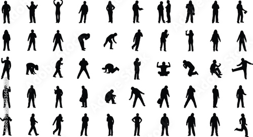 Human silhouette pose grid, walking standing sitting gesture, lifestyle movement reference, animation body language art, posture illustration set