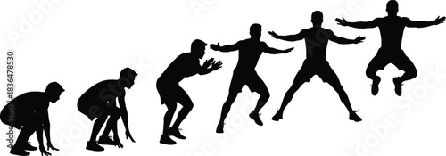 Jump squat silhouette sequence, plyometric exercise pose, fitness movement reference, athletic training posture, body strength form illustration art