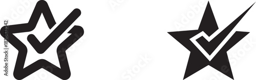 Two black abstract star shapes with checkmarks inside on a white background tick symbol