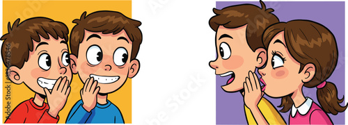 Kids whispering secrets, sharing gossip, communication, surprise, rumor, and confidential information concept.