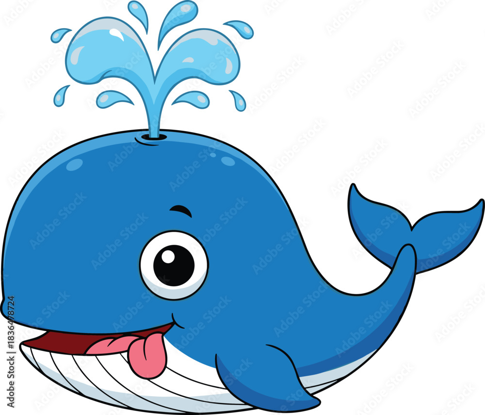 Fototapeta premium Cute cartoon blue whale with happy face and water splash, adorable sea animal illustration, smiling ocean creature on white background