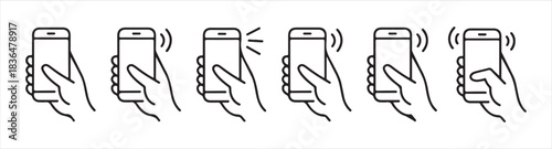 Set of human hand holding smartphone with notification icons and sound wave symbols