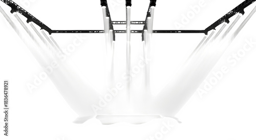 Abstract stage lighting setup with bright white spotlights shining down isolated on transparent background