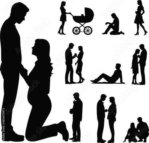 Romantic silhouette, family moment, pregnancy love, emotional bonding, parenthood scene, couple connection, baby care, relationship stages, intimate gesture, togetherness