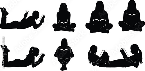 Reading silhouette poses, leisure book posture, relaxed figure study, peace sign gesture, lying and sitting reference, education concept art