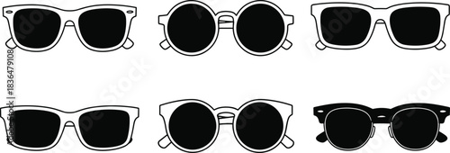 Six pairs of black and white graphic sunglasses in a grid eyewear accessory