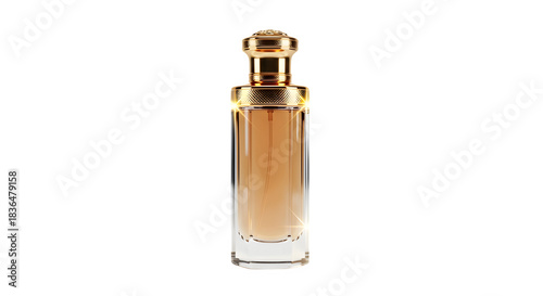 Elegant glass perfume bottle with gold cap isolated on transparent background