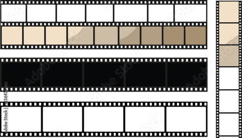 Three horizontal film strips and one vertical film strip with blank frames and colored frames