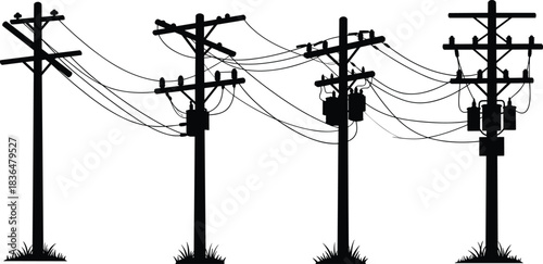 Silhouette illustration of wooden utility poles with electrical wires and transformers, showcasing power distribution network, rural infrastructure, overhead energy lines, vector design