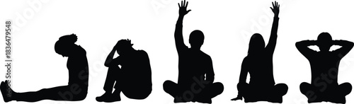 Silhouette seated emotional poses, expressive sitting gesture art, body language reference, posture variation illustration, psychological behavior concept visual