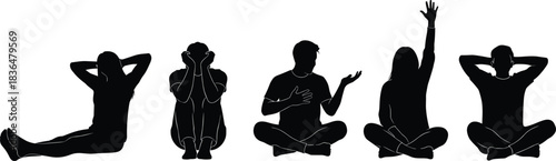 Silhouette seated emotional poses, expressive sitting gesture art, posture variation reference, thoughtful and relaxed figure illustration, behavior concept visual