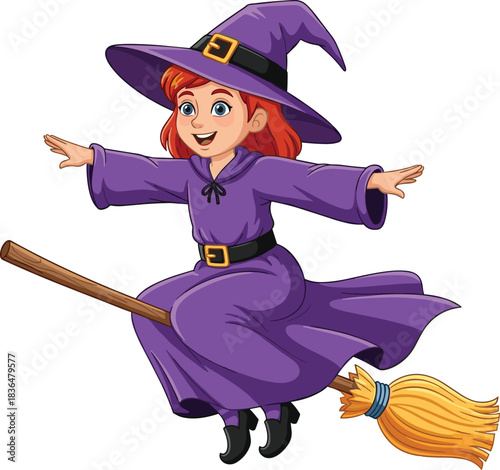 Cute cartoon witch flying on broomstick, smiling young witch in purple dress and hat, magical Halloween character illustration