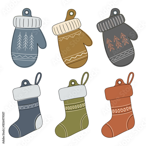 Gift tags shaped like winter mittens and stockings for Christmas  