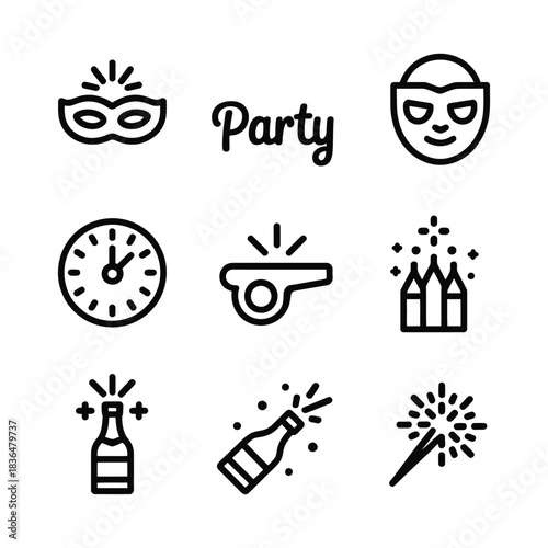Party celebration icons with masks clock whistle champagne and sparkler masquerade face