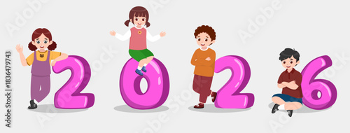 Children Celebrating 2026 with Big Number Elements