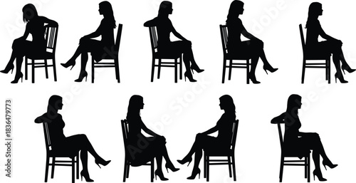 Silhouette women seated poses, fashion chair posture, elegant dress gesture study, high heels body language art, interaction reference