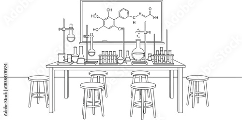Line art illustration of a laboratory with equipment and chemical structures