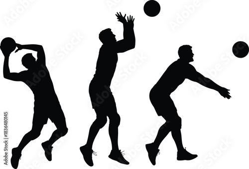 Volleyball silhouette, player action, spike motion, set technique, bump pass, black icon, sport skill, dynamic pose, vector style