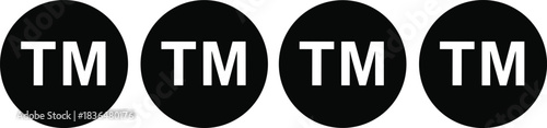 Trademark symbol icons set, black and white TM logo collection, legal registration marks for business branding identity, intellectual property vector design signs.