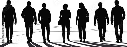 Walking silhouette group, urban motion, forward stride, long shadows, black icon, casual attire, vector style, crowd movement, public scene