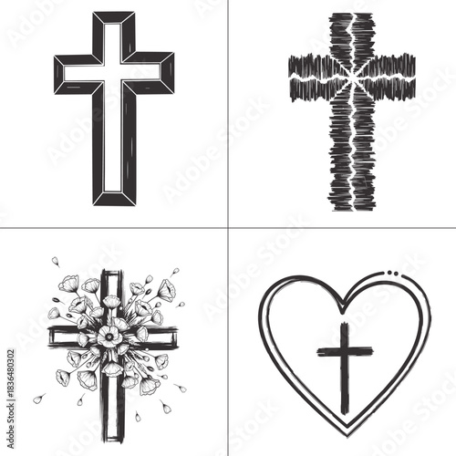 christian cross floral heart faith line art design set for t shirt and tattoo