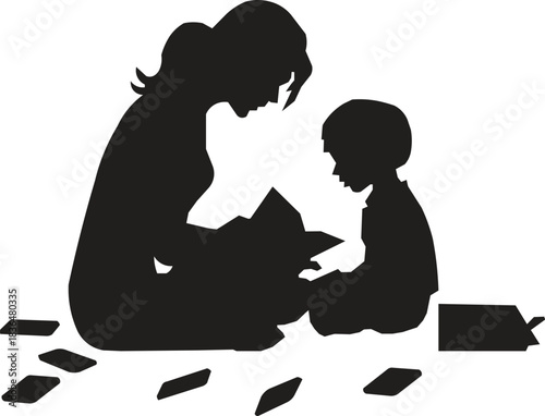 Mother teaching child silhouette with educational flashcards. Early learning, child development and autism-friendly teaching concept in minimal black style.