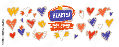 Love symbols with crayon hearts, angel wings and crown. Doodles elements for romantic designs, graffiti art, Valentine Day cards with chalk texture. Stickers set with hearts, vector illustration